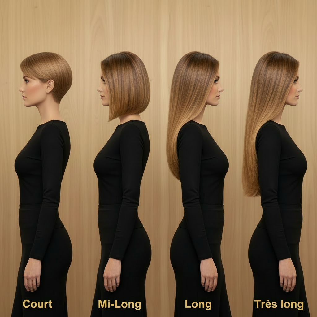 Guide des longueurs : Court (lobe oreille), Mi-Long (épaules), Long (mi-torse), Très long (bassin)